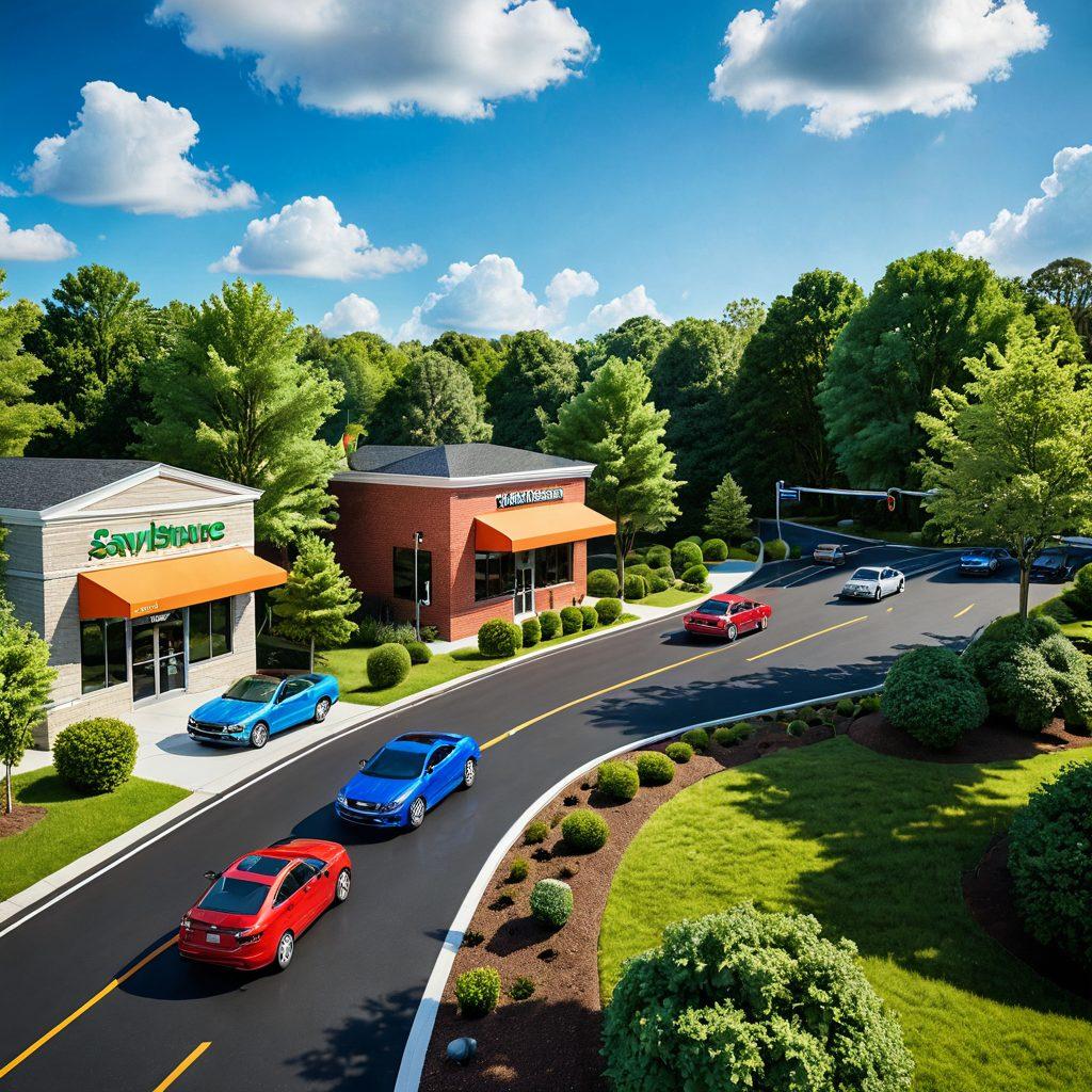 A winding road leading to a small, car insurance office nestled among lush green trees, with a sign that says 'Savings Ahead!' in bold letters. The scene features an array of diverse vehicles parked outside, symbolizing affordability and choice, while various visual elements like piggy banks and dollar signs float in the air, representing savings. The sky is bright and welcoming, suggesting a positive future for smart coverage decisions. super-realistic. vibrant colors. 3D.
