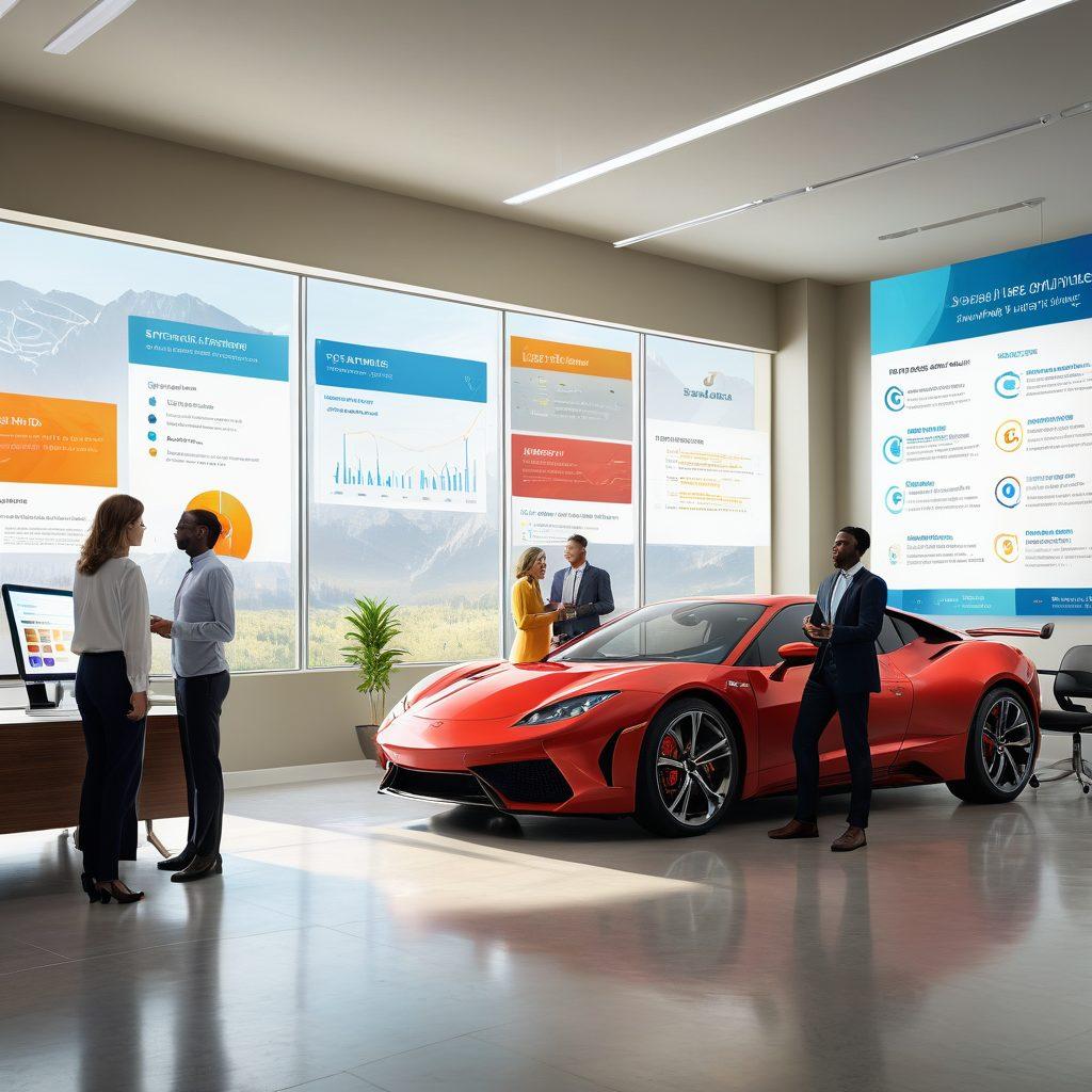 An informative and visually engaging scene depicting a diverse group of individuals reviewing car insurance options together in a modern office setting. Feature a large screen displaying a comparison chart of various insurance plans with colorful graphs. Include car models parked outside the window to symbolize coverage choices. Use light, soothing colors to create a calm yet professional atmosphere. super-realistic. vibrant colors. 3D.