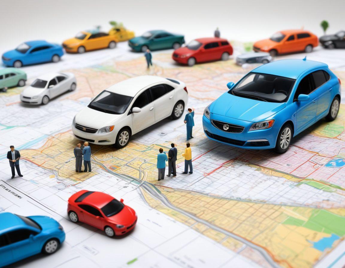 A detailed illustration of a diverse group of insurance experts discussing various auto insurance policies around a large map of an urban landscape filled with cars. Include visual elements like magnifying glasses, car icons, and policy documents scattered around to symbolize customization and protection. The setting should be vibrant and modern, reflecting a sense of guidance and professionalism. super-realistic. vibrant colors. white background.
